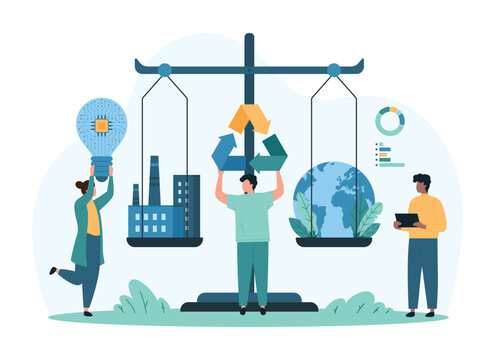 Net zero emissions, carbon dioxide CO2 neutral balance and recycling technology. Tiny people holding light bulb and recycle sign, compare pollution compensation on scales cartoon vector illustration