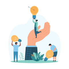 Support from corporate leader for employee creative ideas, startup organization. Giant hand of businessman hold tiny people with light bulb goal, help in development cartoon vector illustration