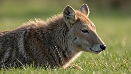 Serene wolf cub resting in lush green meadow with warm sunlight