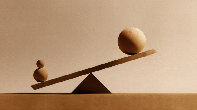 A simple see-saw in equilibrium with a large sphere on one end and a smaller sphere holding another ball on the other,