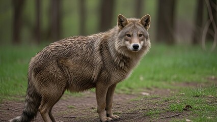 Fototapeta premium Majestic gray wolf standing in forest clearing, looking alert and watchful