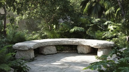 Fototapeta premium curved stone bench in lush garden setting landscaping outdoor furniture