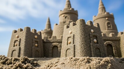 Intricate Sandcastle with Shells and Towers on a Sunny Beach with Blue Sky summer