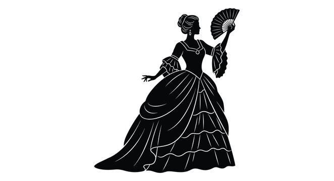 Elegant woman in a vintage dress holding a fan a striking black silhouette