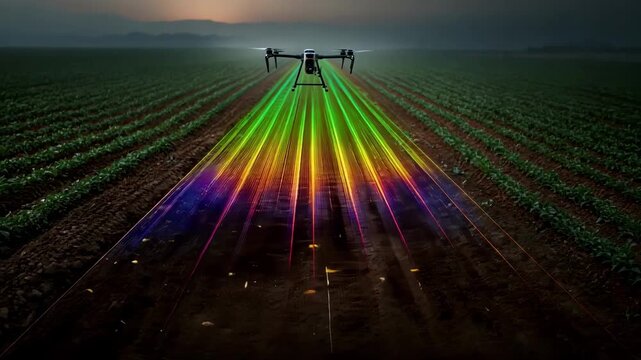 Medium shot of drone hovering over farmland using multispectral sensors for comprehensive plant health analysis blending visible and infrared imaging techniques.