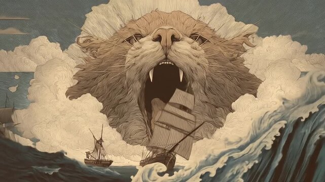 Vintage illustration of a majestic roaring lion's head emerging from stormy clouds above a turbulent sea with sailing ships