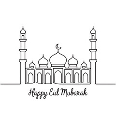 Happy Eid Mubarak Islamic Mosque Line Art Vector Illustration