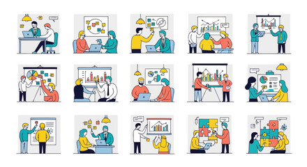 Illustration of diverse people engaged in various activities such as presentations, discussions, and teamwork in a professional setting