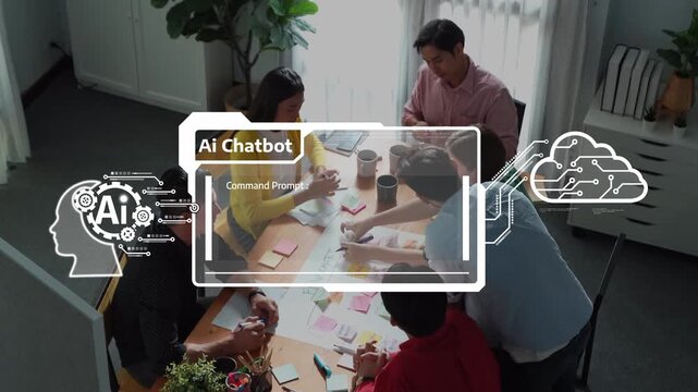 A dynamic team works together on developing an AI chatbot, showcasing a command prompt interface amidst creative brainstorming and innovative collaboration. Raster