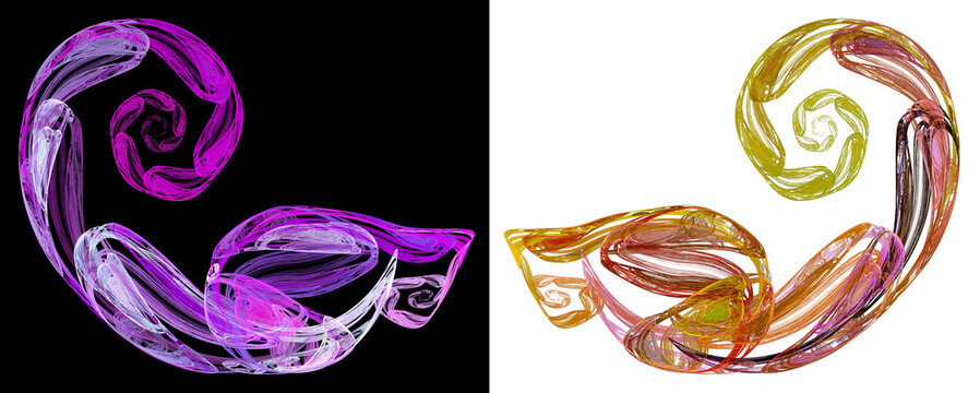 Purple and yellow-pink spiral patterns on black and white backgrounds. Imitation of watercolor painting. Graphic design elements. Set. 3D rendering. 3D illustration.