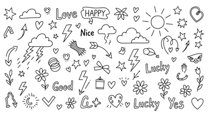 Obraz premium Hand Drawn Doodles Vector Illustration Set with Positive Words and Symbols