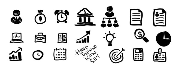 Doodle Style Hand Drawn Business Icons Set. Icon symbols for financial business, marketing.