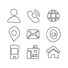 Doodle Style Hand Drawn Business Icons Set. Contact information, Home, Phone, Location, Address, Website