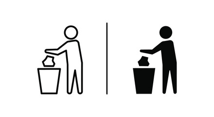 Person disposing of waste into a trash bin contrasted line drawing and solid silhouette