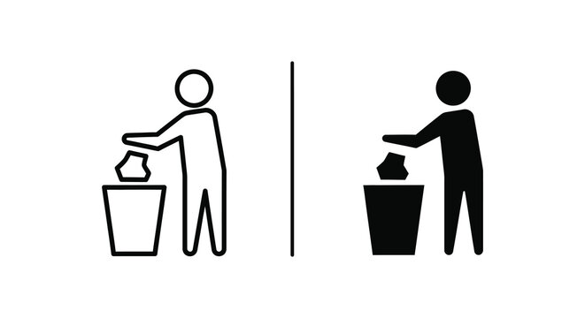 Person disposing of waste into a trash bin contrasted line drawing and solid silhouette