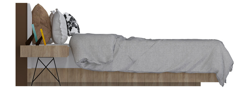 Side view of modern wooden double bed with grey bedding and nightstand 3D render