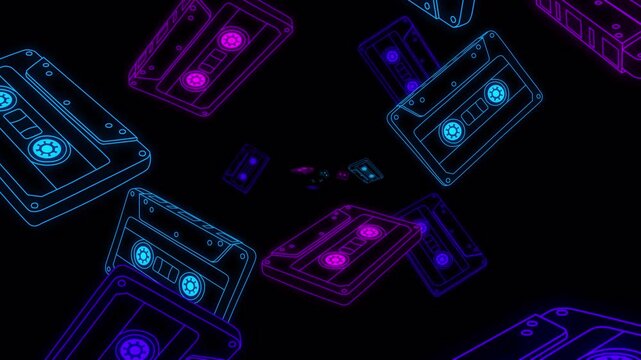 Outline stroke neon cartoon music cassete tapes appearing and flying from center towards camera on a transparent alpha channel. Colorful 3d animation of retro mixtapes flying rotating. Seamless loop. 