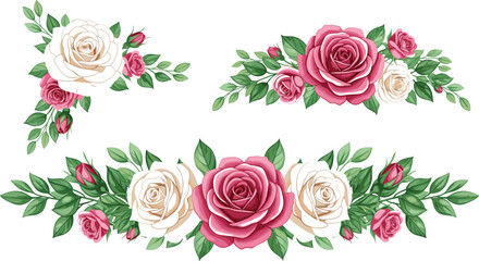 Elegant rose flower border set featuring pink and cream rose arrangements with green leaves for wedding invitations and greeting card designs vector. © MdShakil
