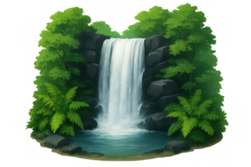 Waterfall flowing into a pond surrounded by lush forest greenery and dark rocks, transparent background