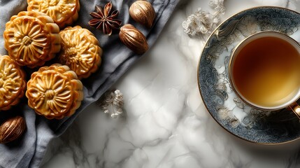 Mooncakes and tea white marble flat lay