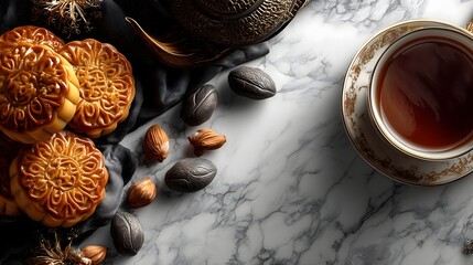 Mooncakes and tea flat lay marble