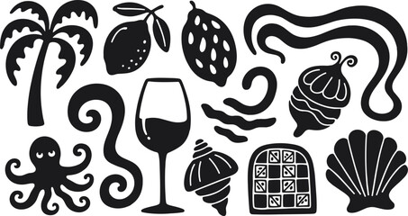 Ocean and Tropical Silhouette Icons Set Octopus Palm Tree Shells Wine Marine Vector © Designhome