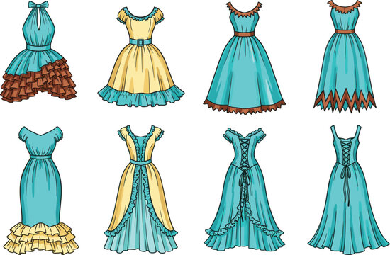 Vintage evening gown collection featuring turquoise and cream dresses with ruffles corsets lace up backs and elegant silhouettes isolated on white background.