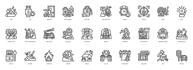 Firefighter icon collection line style. containing Fire, Gas, Firefighter, Hydrant, Aid, Walkie Talkie