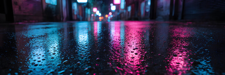 Photorealistic night street scene featuring wet asphalt reflecting vibrant neon lights in cool blue and pink tones  