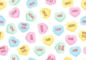 Seamless pattern with sweet heart candy. Sweetheart candies background, conversation sweets for valentines day, valentine sugar food hearts. Heart shape message letter candy background