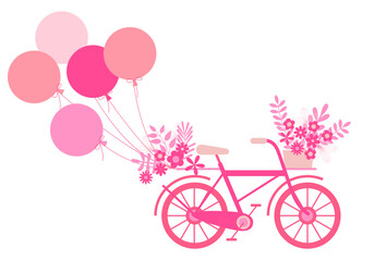 Retro bicycle with balloons. Cute bicycle with flowers in basket and balloons
