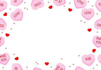 Frame with sweet heart candy. Sweetheart candies background, conversation sweets for valentines day, valentine sugar food hearts. Heart shape message letter candy background