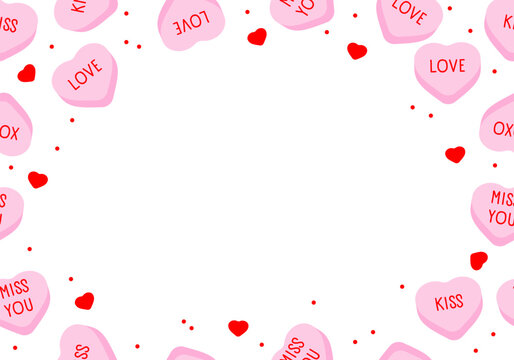 Frame with sweet heart candy. Sweetheart candies background, conversation sweets for valentines day, valentine sugar food hearts. Heart shape message letter candy background