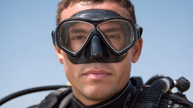 Scuba diver s close up portrait wearing a mask prepared for underwater adventure under a clear blue sky