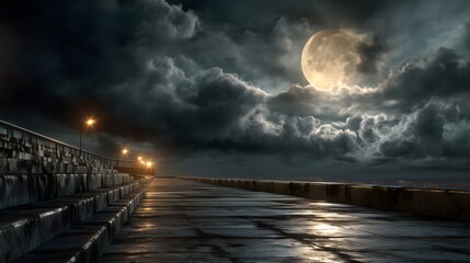 Full moon over cloudy terrace night