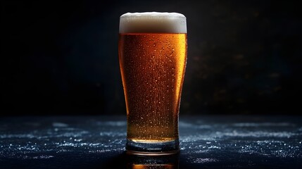 Cold IPA Beer in Tall Glass with Condensation, Fine Bubbles and Smooth Foamy Head on Dark Background