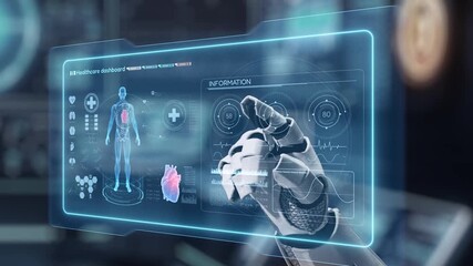 Close up of robot hand pointing and tapping at human anatomy hologram with blur laboratory background. Robot hand clicking at x ray dashboard to connect medical data to diagnosis symptom. Salubrious.