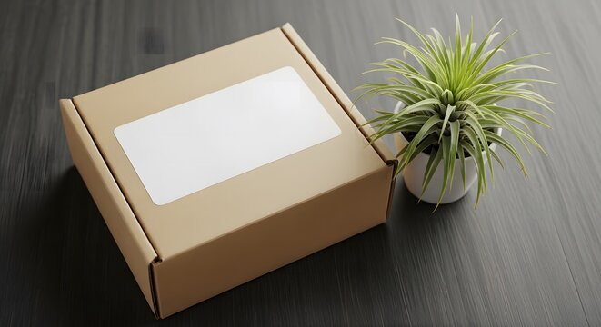 Blank white label on a small brown cardboard mailer box next to