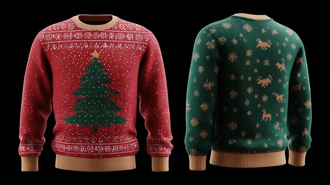 Two festive Christmas sweaters with holiday designs displayed against a black background