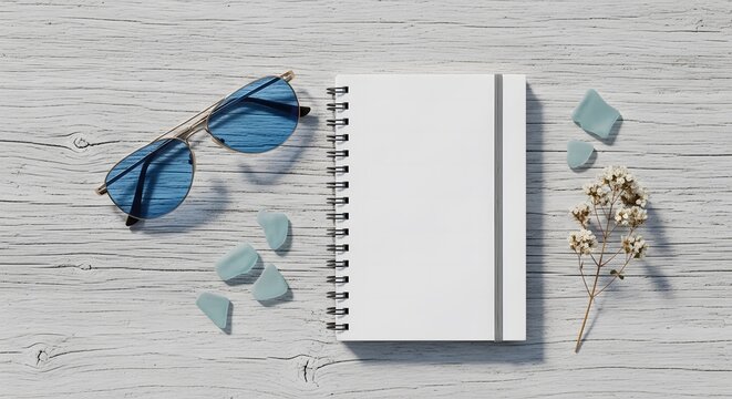 Blank spiral notebook mockup with sunglasses, sea glass, and dri