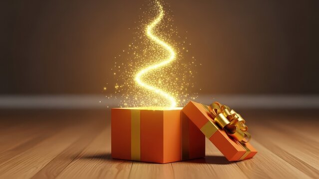An orange gift box opens to reveal a magical shimmering light