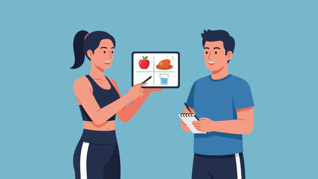 Fitness professionals discussing healthy meal planning and nutrition