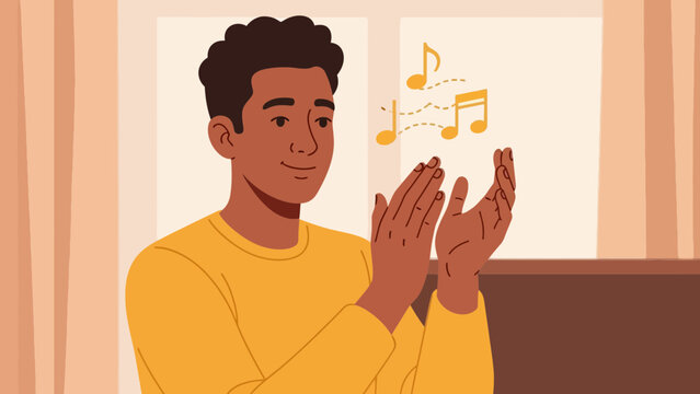 Young man enthusiastically clapping to music notes floating in the air