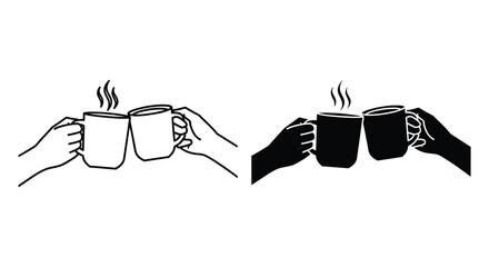 Hands holding steaming cups of coffee a black and white illustration silhouette
