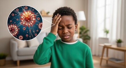 Sick Black boy with a headache suffering from a viral infection. Conceptual image with a microscopic view of coronavirus cells. Childhood illness and disease symptoms concept
