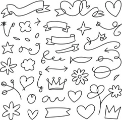 Naklejka premium A collection of cute doodle design elements including hand-drawn hearts, flowers, and banners