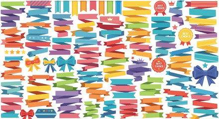 Colorful vector badges, ribbons, and awards in a playful and vibrant design style, isolated on