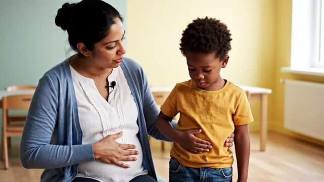 Pregnant Indian mother and young African American son bonding, touching her baby bump with curiosity for family growth concept and new sibling anticipation