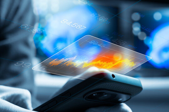 Stock Market Trading Analysys Concept. Investor Analyzing Modern Financial Chart On Smartphone, Real Time Performance Monitoring, Business Intelligence Reporting And KPI Tracking. Crypto Investment - Powered by Adobe