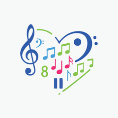 Colorful music notes and symbols forming a heart shape on a white background with green accents.